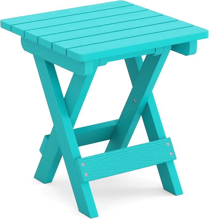 LUE BONA Small Outdoor Folding Side Table, HDPS Outside End Table for Patio, Porch, Deck, Pool, 14 Inch Height, Aruba Blue
