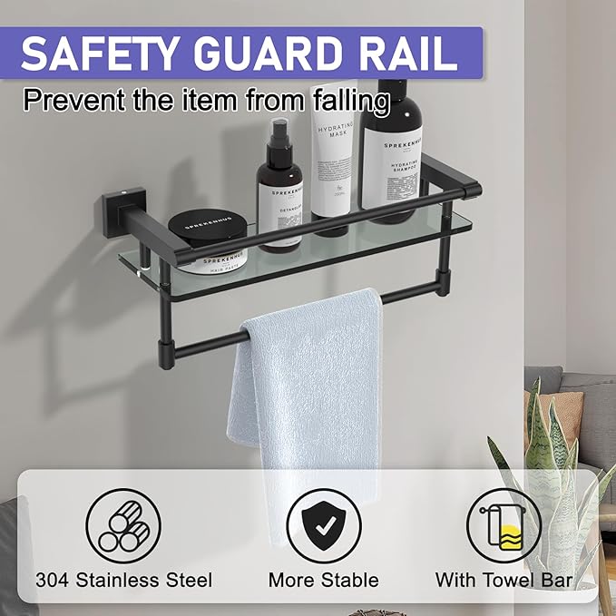 Glass Shelf for Bathroom 16 Inch Bathroom Shelves with Towel Bar, Tempered Glass Shelves with Stainless Steel Towel Holder for Wall Shelf Sink Over Toilet (Matte Black)
