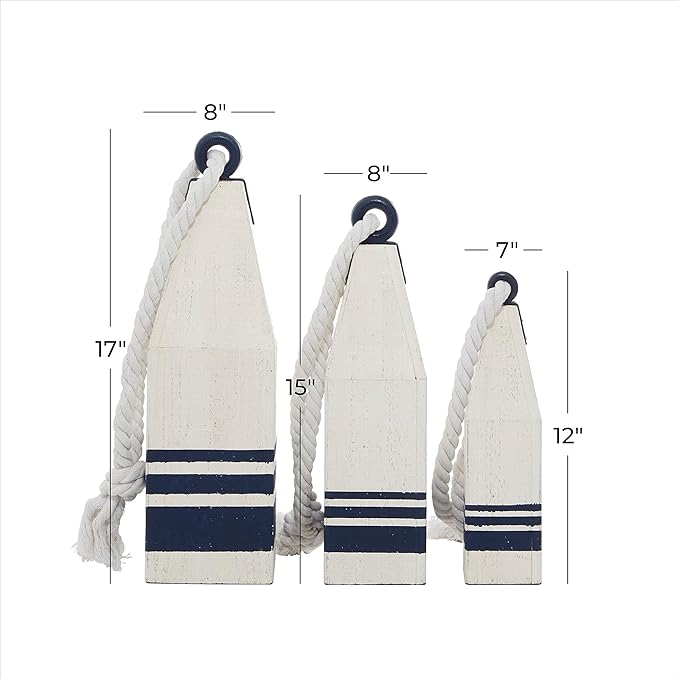 Deco 79 Wood Buoy Handmade Decorative Sculpture Home Decor Statues with Rope Accents, Set of 3 Accent Figurines 17", 15", 12"H, White