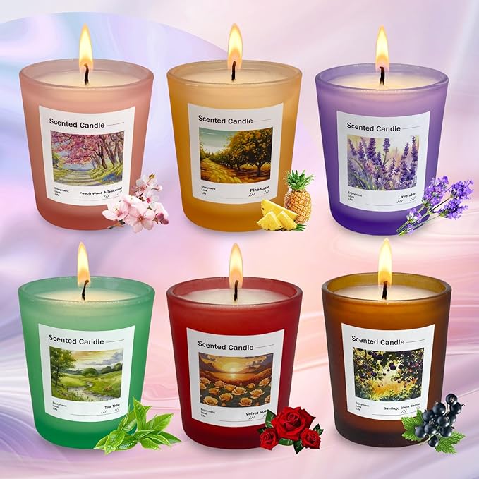 Scented Candles Gift Set of 6 Pack, Glass Jar Candles for 6 Scented, Long Lasting Soy Wax Aromatherapy Candle Set, Best Gifts with Gift Box for Every One