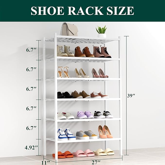 Smiry Shoe Rack, 6 Tier Thick Bamboo Shoe Organizer, Stackable Free Standing Wooden Shoe Storage Shelf for Closet, Entryway, Front Door Entrance, White