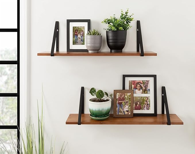 Kate and Laurel Soloman Wooden Shelves with Simple Metal Brackets, Rustic Brown and Black, 2 Piece Set