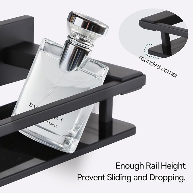 Black Bathroom Shelves Glass Shelf 20-Inch Floating Tempered Glass Shelf Rectangular Modern Stainless Steel Wall Mounted Shelves for Shower Bathroom Kitchen Organizers Accessories ,A7613AB