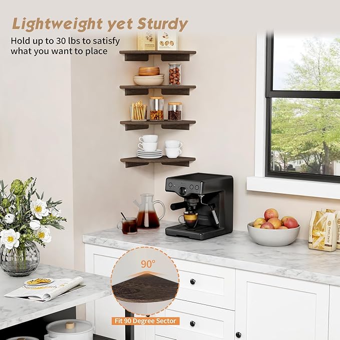 Forbena Large Corner Floating Shelves Set of 4, 12 Inch Deep Wall Mounted Corner Shelves for Bedroom, Livining Room (Rustic Brown)