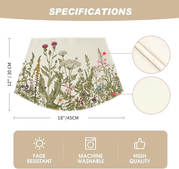 Artoid Mode Wild Flower Round Table Summer Wedge Placemats Set of 4, Seasonal Kitchen Dining Table Decoration for Indoor Party Home