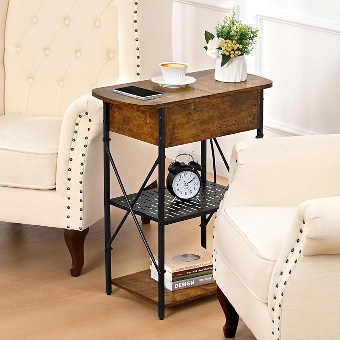 Narrow End Table with Charging Station, Side Table with 3 USB Ports and 2 AC Outlets, Flip Top End Table with Storage, Nightstand with Drawer, Side Tables Living Room, Bedroom, Brown