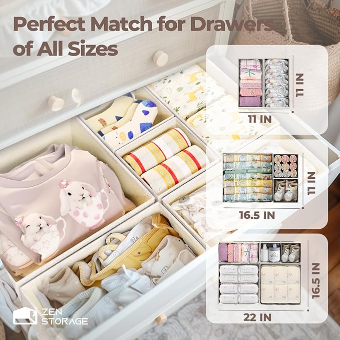 Linen Drawer Organizers for Nursery, Dresser & Closet (12-Pack) – Sturdy, Collapsible Nursery & Dresser Dividers for Baby Clothes, Socks, Underwear & Essentials – Multi-Size Set, Beige