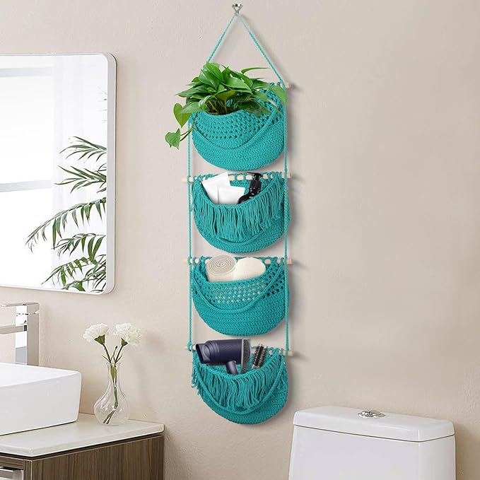 4 Tier Hanging Fruit Basket for Kitchen, 4 Pack Detachable Cotton Crocheted Wall Hanging Baskets Shelf Over Door Organizer for Fruit Veggie Plant, Hanging Storage Basket for Bathroom Bedroom(Aqua)