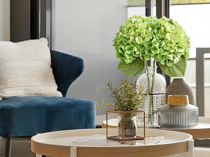 4PCS Green Fake Real Touch Hydrangea Flowers 20'' Lifelike Latex Artificial Hydrangeas for Spring Home Decor Outdoor Garden Porch Indoor Bathroom Living Room Kitchen Table Centerpiece