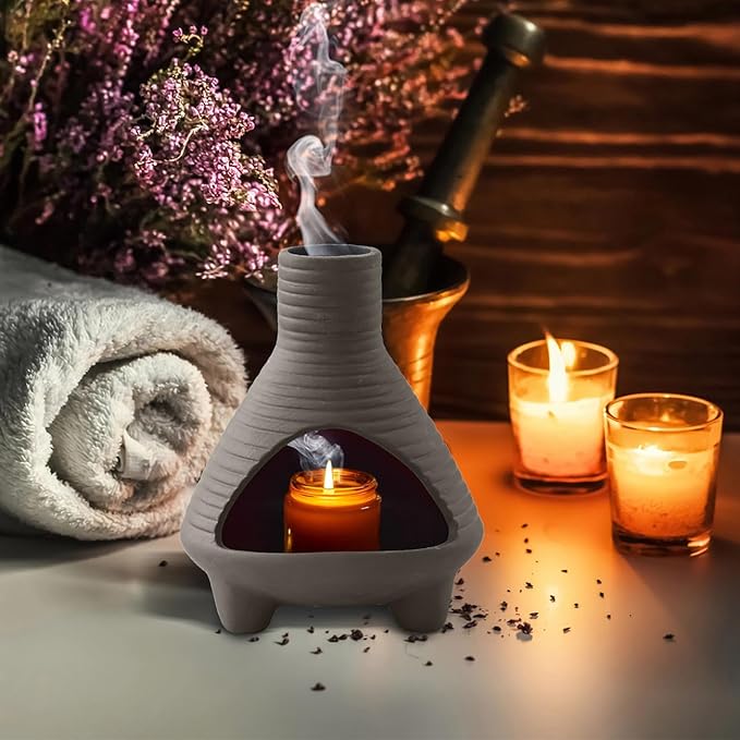 Palo Santo Holder Handmade Ceramics Incense Burner Chimney Dish Smudge Bowl for Palo Santo Sticks Sage Bundles with Brush(Brown) (Aroma Lavender Gray)