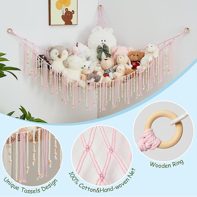 Pretty Jolly Stuffed Animal Storage Hammock with Wooden Beads Corner Hanging Net Boho Tassel for Toy Plush Holder for Kid Room Nursery Decor Wall Display Organizer for Girls Boy Gift(Light Pink)