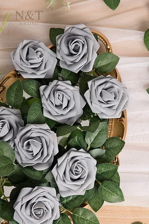 N&T NIETING Artificial Rose, 50pcs Gray Fake Foam Flowers with Stems for Wedding Party Baby Shower Cake Decoration, Home Display