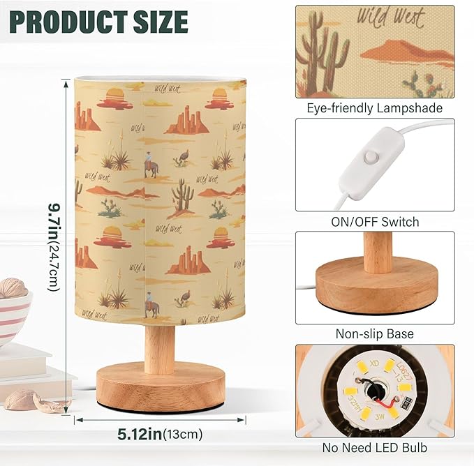 Table Lamp Vintage Sunset Desert Pattern Cactus Mountain Cowboy Horse Turkey Nightstand Lamp with Wood Base Fabric Lamp Shade Bedside Desk Lamp for Living Room Bedroom Kids Room Office