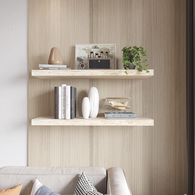 Floating Shelves 24 Inch Wall Shelf Solid Wood Mounted Storage for Bedroom Living Room Set of 2, Rustic Torched Wall Shelves