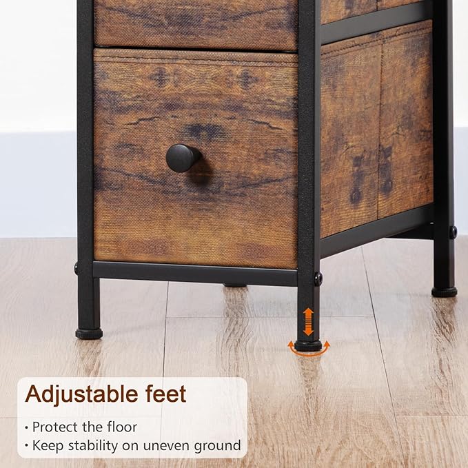 Narrow End Tables Living Room Set of 2 with Charging Station, Skinny Side Table with Fabric Drawers, Slim Nightstand for Bedroom, Small Spaces, Couch, Rustic Brown, HETNDP03PBR