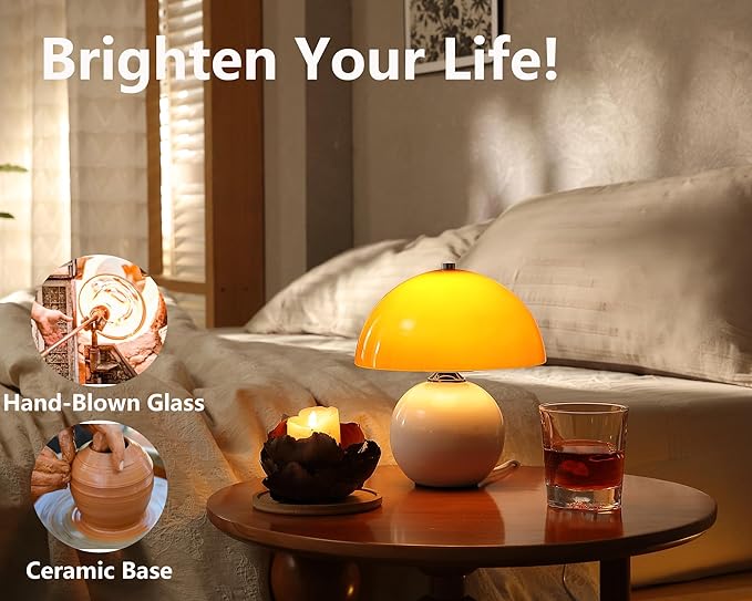Glass Mushroom Lamp for Bedroom,Cute Orange Bedside Lamps Kitchen Lamp,Vintage Donut Lamp Bauhaus Lamp Dimmable,Cool Retro Mini Lamp for Home Decoration, Gift (Orange+White)