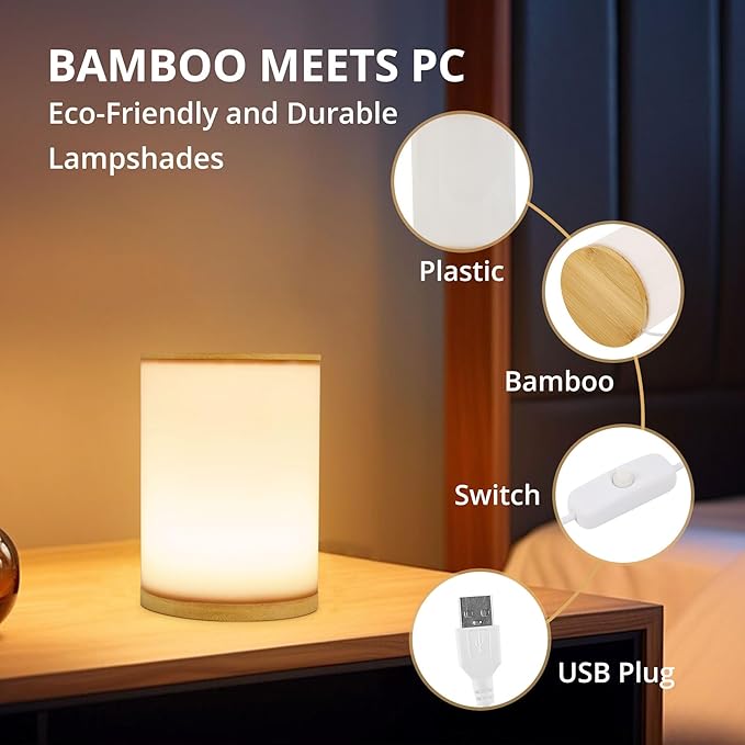 Mini Bamboo Bedside Table Lamp with10 Brightness & 3 Color Temperatures,Cozy PC Shade,Soft Ambient Nightstand Night Light for Bedroom,Kids Room,Bedroom,Dorm,Nursery