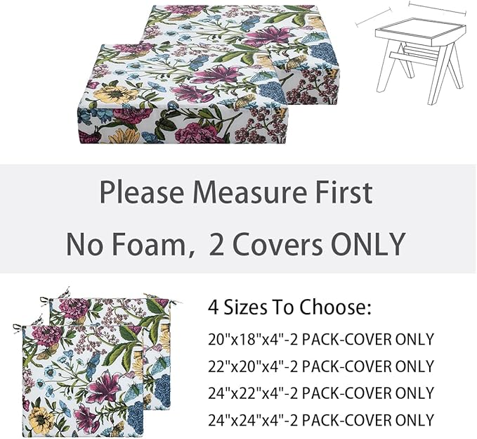 FUNHOME Outdoor Cushion Covers 24 x 22 x 4 inch,Set of 2,Replacement Seat Cushion Cover for Patio Furniture Chair,Water Resistant,Fade-Resistant Slipcover Only,No Insert(Butterfly Flower)