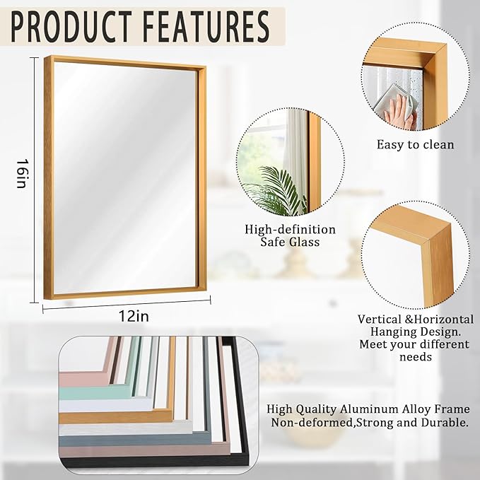 AAZZKANG Gold Framed Mirror Rectangular Wall Mirrors with Metal Frame Decorative for Bathroom Bedroom Living Room Home Entryway Hanging