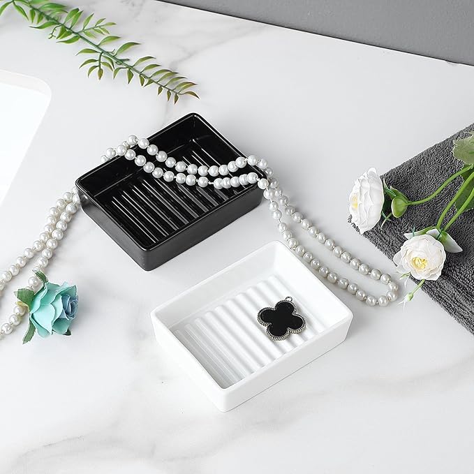 Black Rectangle Soap Dish - Modern Ceramic Hand Soap Holder Non-Slip Bar Soap Holder Soap Tray for Bathroom, Kitchen Sink, Shower, Countertop, Easy to Clean
