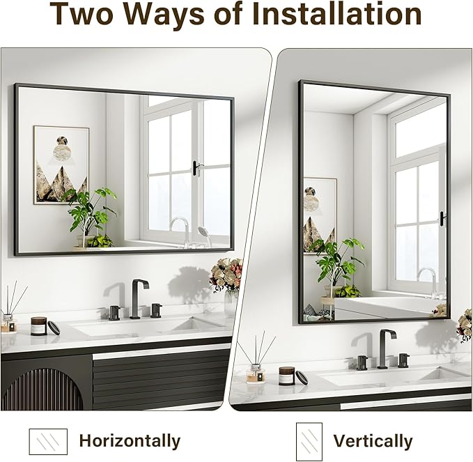HARRITPURE 48"x30" Framed Bathroom Mirror for Wall Rectangle Mirror Aluminum Alloy Frame Wall-Mounted for Farmhouse Entryway Bedroom Living Room Black