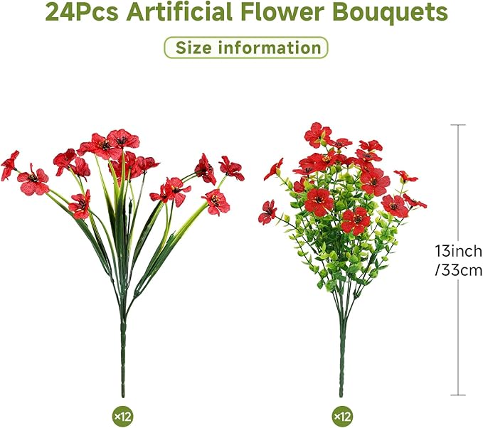 24 Bundles Artificial Flowers for Outdoors Decoration, UV Resistant Silk Violet Faux Colorful Daisy Eucalyptus Spring Fake Plants for Outside Indoor Yard Home Patio Porch Decor, Red