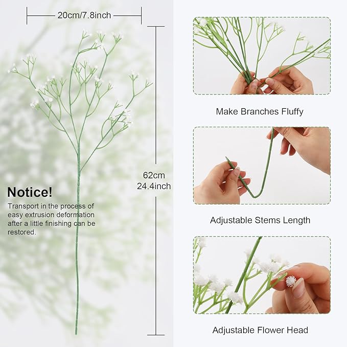 N&T NIETING 10Pcs Artificial Baby Breath Flowers White with Long Stem, Real Touch Silk Gypsophila Bouquets Bulk for Wedding, DIY Floral Arrangements, Home & Office Decor, Party Centerpieces, White