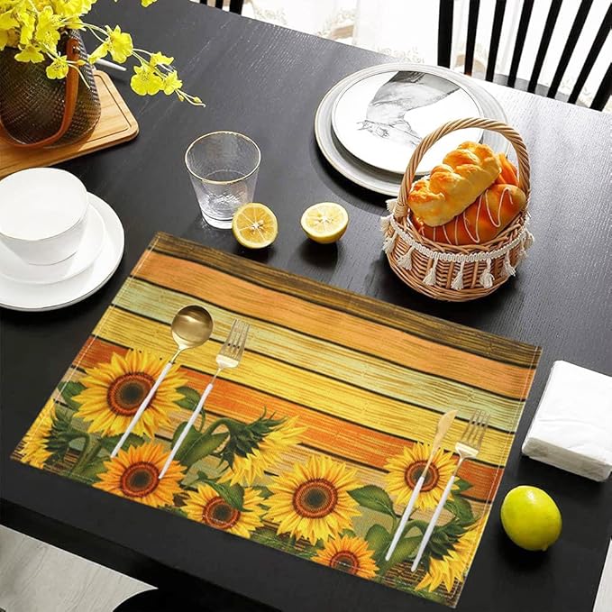 Sunflower Table Placemats Set of 4 - Heat Resistant Washable Wipeable Linen Fabric Rectangle Place Mats Table Mats for Kitchen Dining Dinner- 18 X 12 Inch, Yellow