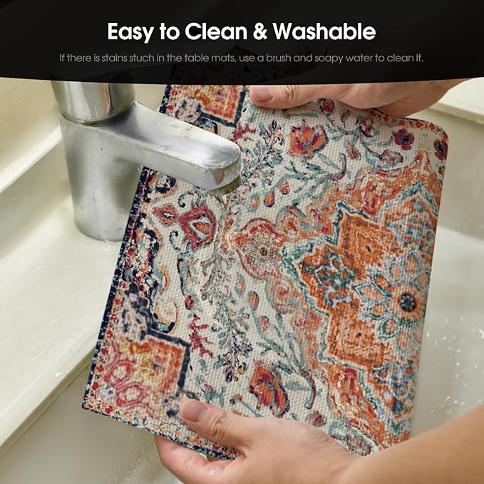 Artoid Mode Boho Vinyl Placemats Set of 4, Washable Non-Slip Woven Plastic PVC Table Mats for Party Kitchen Dining Decor, 12x18 Inch