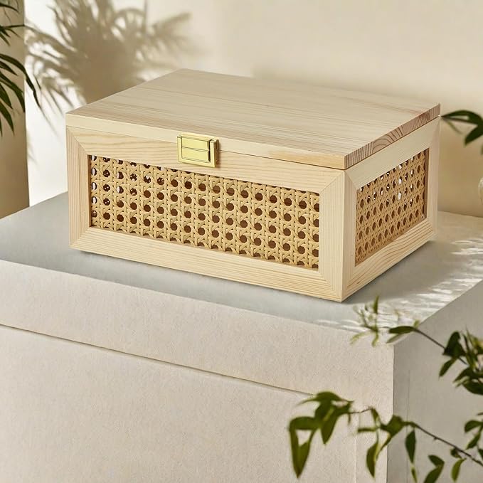 Decorative Rattan Storage Boxes Solid Wood Woven Baskets Bins with Lid Keepsake Memory Jewelry Box Natural Boho Shelf Wicker Closet Desk Organizer Container (Light Wood, Large Size)
