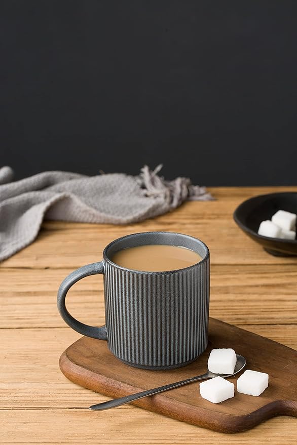 famiware Coffee Mug Set for 6, Star 12 oz Catering Mugs Cup Set with Handle for Coffee, Tea, Cocoa, Milk - Ceramic Stoneware Drinkware Set, Matte Dark Charcoal