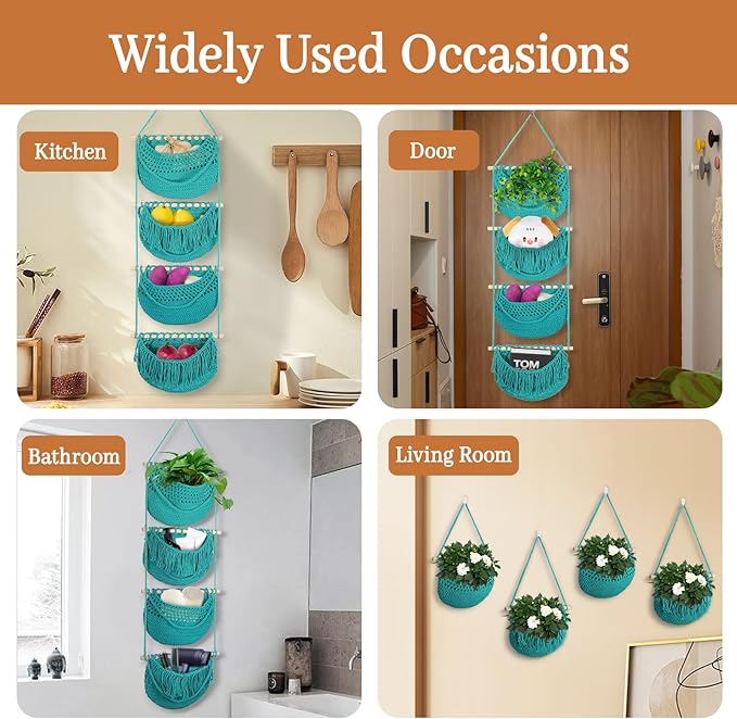 4 Tier Hanging Fruit Basket for Kitchen, 4 Pack Detachable Cotton Crocheted Wall Hanging Baskets Shelf Over Door Organizer for Fruit Veggie Plant, Hanging Storage Basket for Bathroom Bedroom(Aqua)