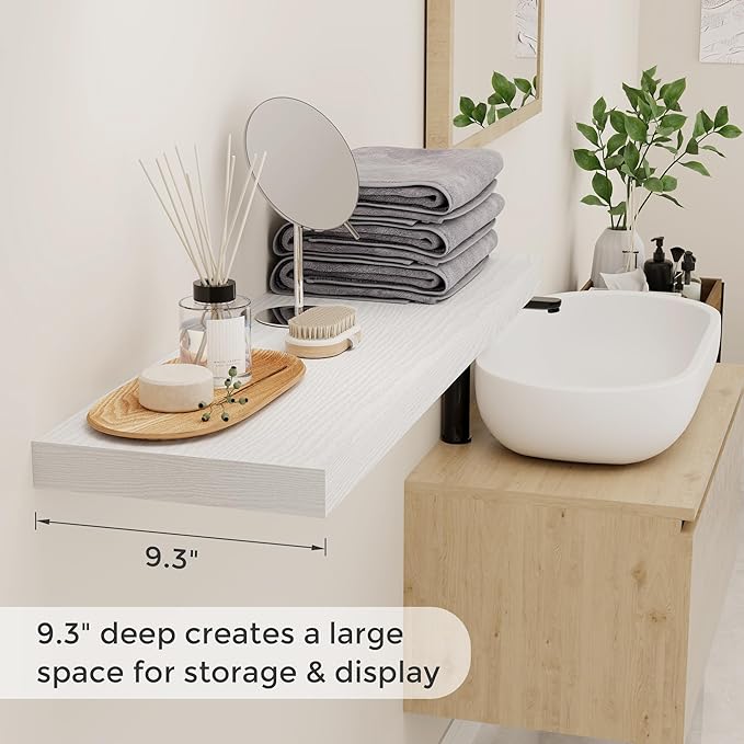 Floating Shelves White 36 Inch Long, 9.3" Deep Floating Shelf Wall Mounted, Rustic Deep Bookshelf, Large Display Storage Shelves for Bathroom, Bedroom, Kitchen, 36"W x 9.3"D x 1.5"H, Set of 2