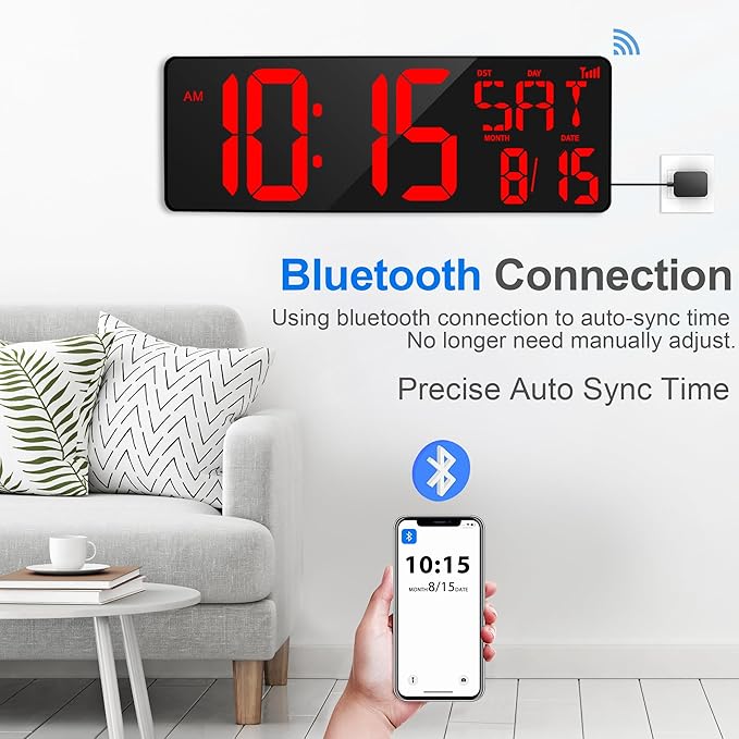 XREXS 17.2" Large Digital Wall Clock Bluetooth Sync Time, Precise Atomic Clocks with Remote Control, Adjustable Dimmer Grandfather Clock, Temperature for Bedroom, Desk Alarm Clock for Elderly