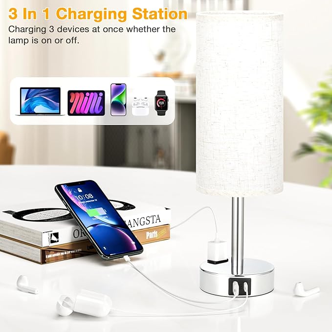 Light Beige Touch Nightstand Lamps Set of 2-3 Way Dimmable Bedside Table Lamps for Bedroom with USB C and A Ports, Small Desk Lamps with AC Outlet for Kids Dorm Nursery