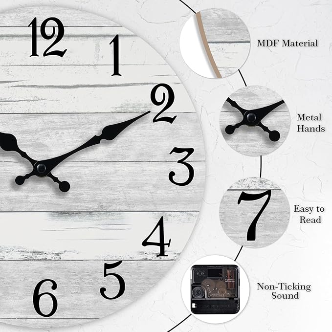 Wall Clock Battery Operated 16 Inch Large Gray Silent Non Ticking Country Rustic Design Vintage Retro Decorative for Bathroom Kitchen Living Room Bedroom