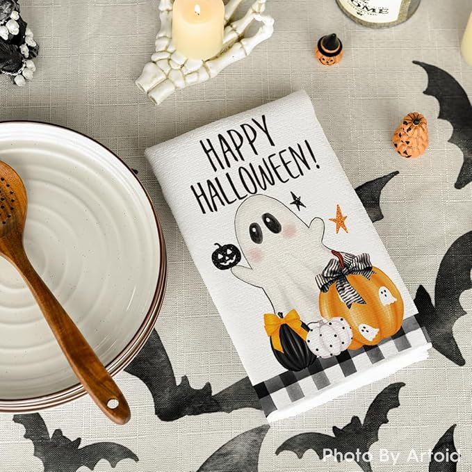 Artoid Mode Black Pumpkins Ghost Boo Happy Halloween Kitchen Towels Dish Towels, 18x26 Inch Trick Or Treat Decoration Hand Towels Set of 4