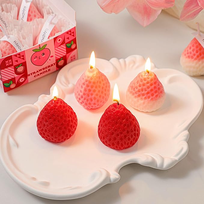 Strawberry Shaped Scented Candle,4PACK 75G Fruit Aroma Soy Wax Decorative Candle for Table Photo Prop Birthday Gift,Prefect for Meditation Stress Relief Mood Boosting Bath Yoga (Pink&White)