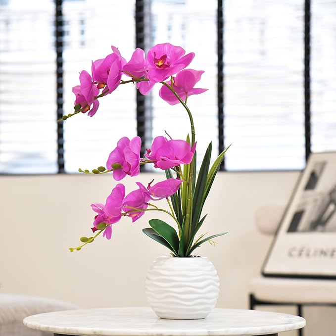 Artificial Orchids in Vase Fake Real Touch Orchid Flowers in Pot Faux Phalaenopsis Potted with Ceramic Vase for Home Office Wedding Table Decoration, Fuchsia