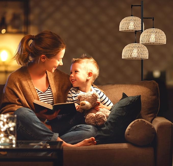 Floor Lamp for Living Room,Bedroom,3-Lights Boho Rattan Floor Lamps,Tree Farmhouse Industrial Black Standing Lamp Wicker Rustic Tall Lamp,Woven Bamboo LampShade Floor Light Bohemian