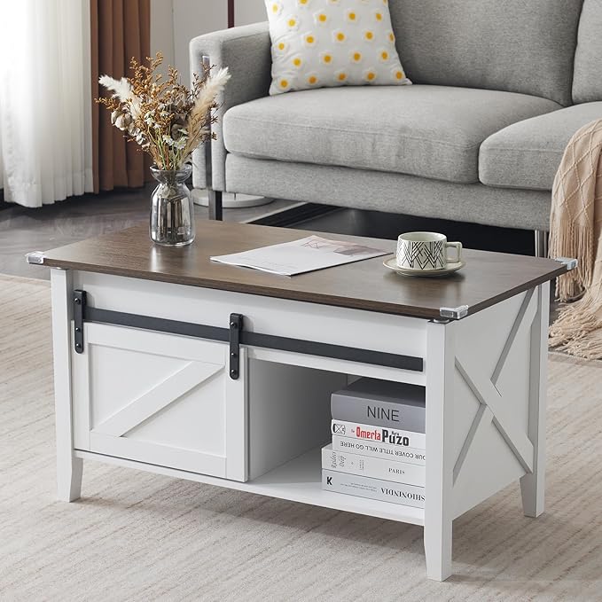 VINGLI 36" Coffee Table with Lifting top, Farmhouse Coffe Table with Storage, Small Lift Top Coffee Tables for Living Room, Rectangular Wood Center Table for Home Decor, White Oak