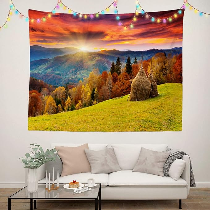 BaoNews Mountain Autumn Landscape Tapestry, Autumn Season Countryside Landscape Meadow Trees Large Wall Hanging Tablecloths Tapestry Bedroom Living Room Dorm 51.2 x 59.1 inches(Orange Wood Yellow)