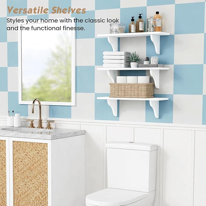 Forbena Decorative Wall Shelves for Living Room Set of 3, 24 Inch White Floating Shelves for Women Girls Bedroom, Unique Arched Wood Display Shelves for Office Storage Bathroom Decor Plants Books