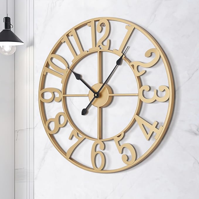 LEIKE 31 Inch Extra Large Wall Clock - Retro Decorative Oversized Farmhouse Arabic Numerals Silent Little Ticking Battery Operated Gold Metal Wall Clocks for Living Room,Office,Entrance Decor