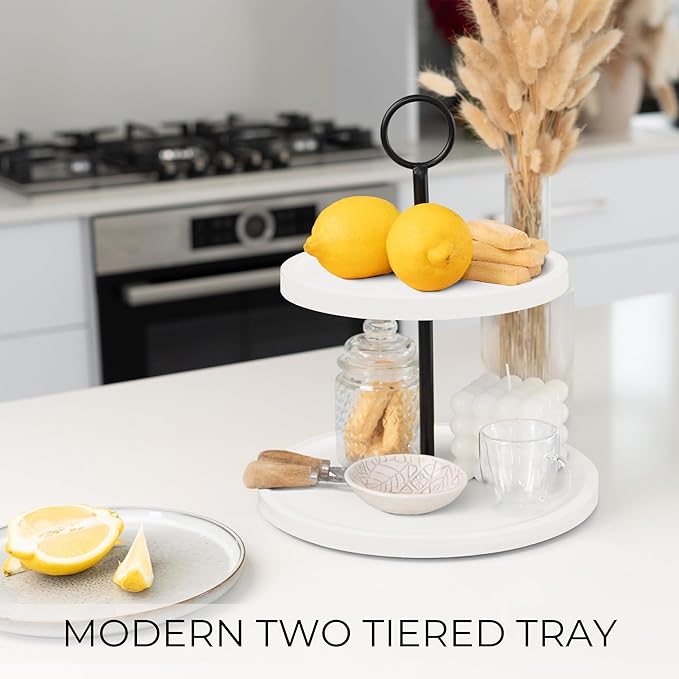 Decorative Wooden Tiered Tray Stand - Beautiful Two Tiered Coffee Table Serving Tray Enhances Your Seasonal Modern Farmhouse Decor - The Perfect Centerpiece for Your ChristmasTable Decorations