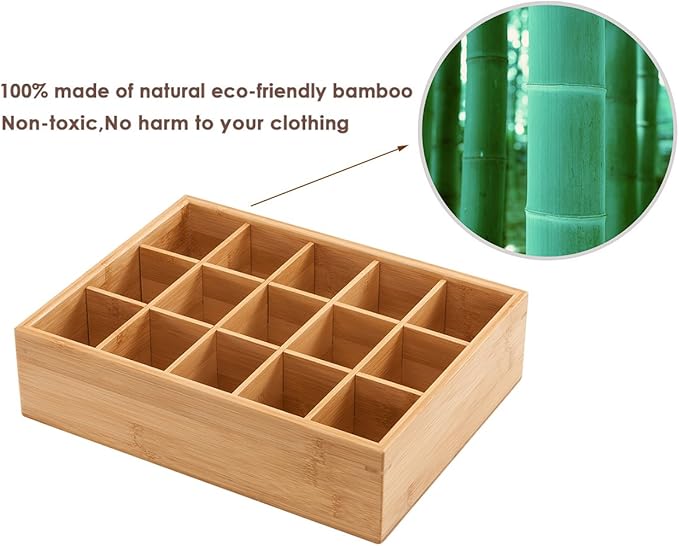 GOBAM Bamboo Closet Drawer Divider - Storage Organizer with 15 Compartments, Drawer Organizer, Storage Box for Belts, Ties, Bras, Briefs, Socks & Jewelry - Natural