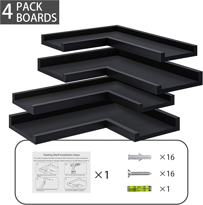 4 Tier Corner Wall Shelf, Floating Corner Shelves with Lip, Black Modern Corner Shelves Wall Mounted, Solid Pine Wood Wall Shelf L shaped shelf for Living Room, Bedroom, Bathroom, Home Storage