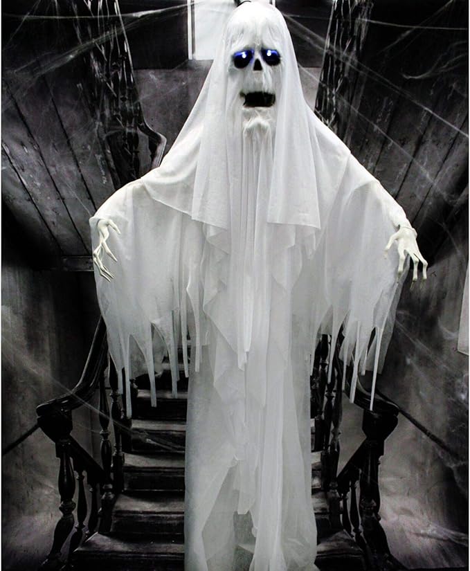 Haunted Hill Farm Life-Size Scary Talking Ghost Animatronic with Touch Activated Lights and Sound, Battery Operated Indoor or Covered Outdoor Decoration, Creepy Halloween Prop