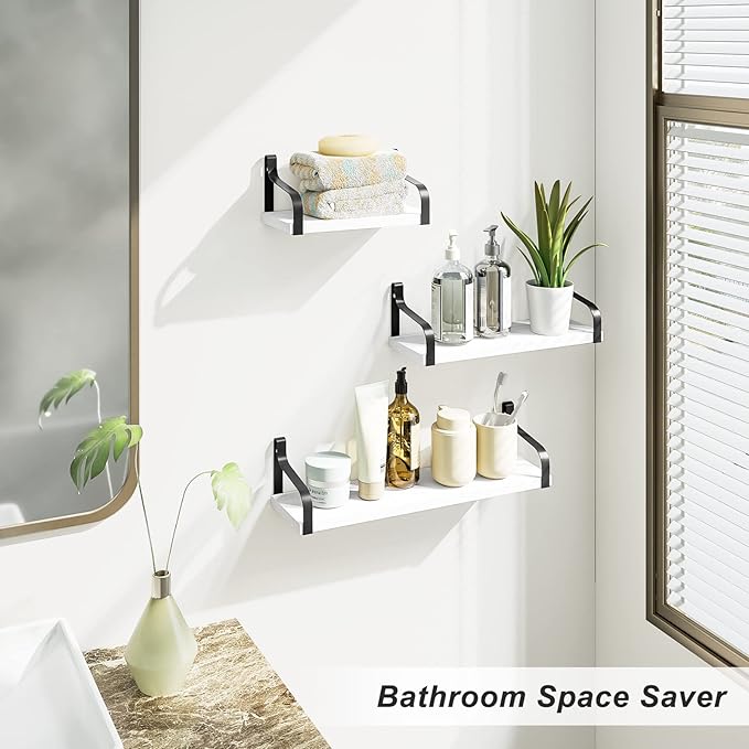Love-KANKEI Floating Shelves Wall Mounted Set of 3, Rustic Wood Wall Storage Shelves for Bedroom, Living Room, Bathroom, Kitchen, Office and More White