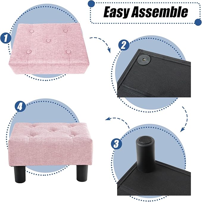 BRIAN & DANY Small Foot Stool, Linen Foot Stools with Legs, Stable Small Footstool for Living Room, Pink